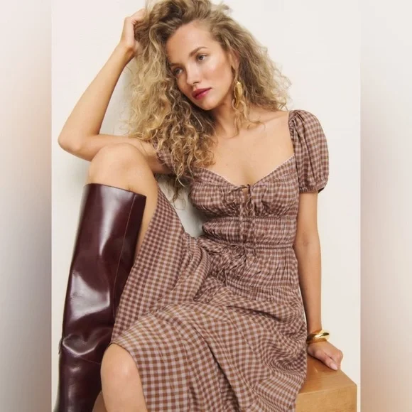 Reformation Rhett Midi Dress in Audrie Check - Size 4 - Picture 4 of 13